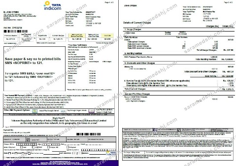 India Tata Indicom utility bill template in Word and PDF formats, 2 pages